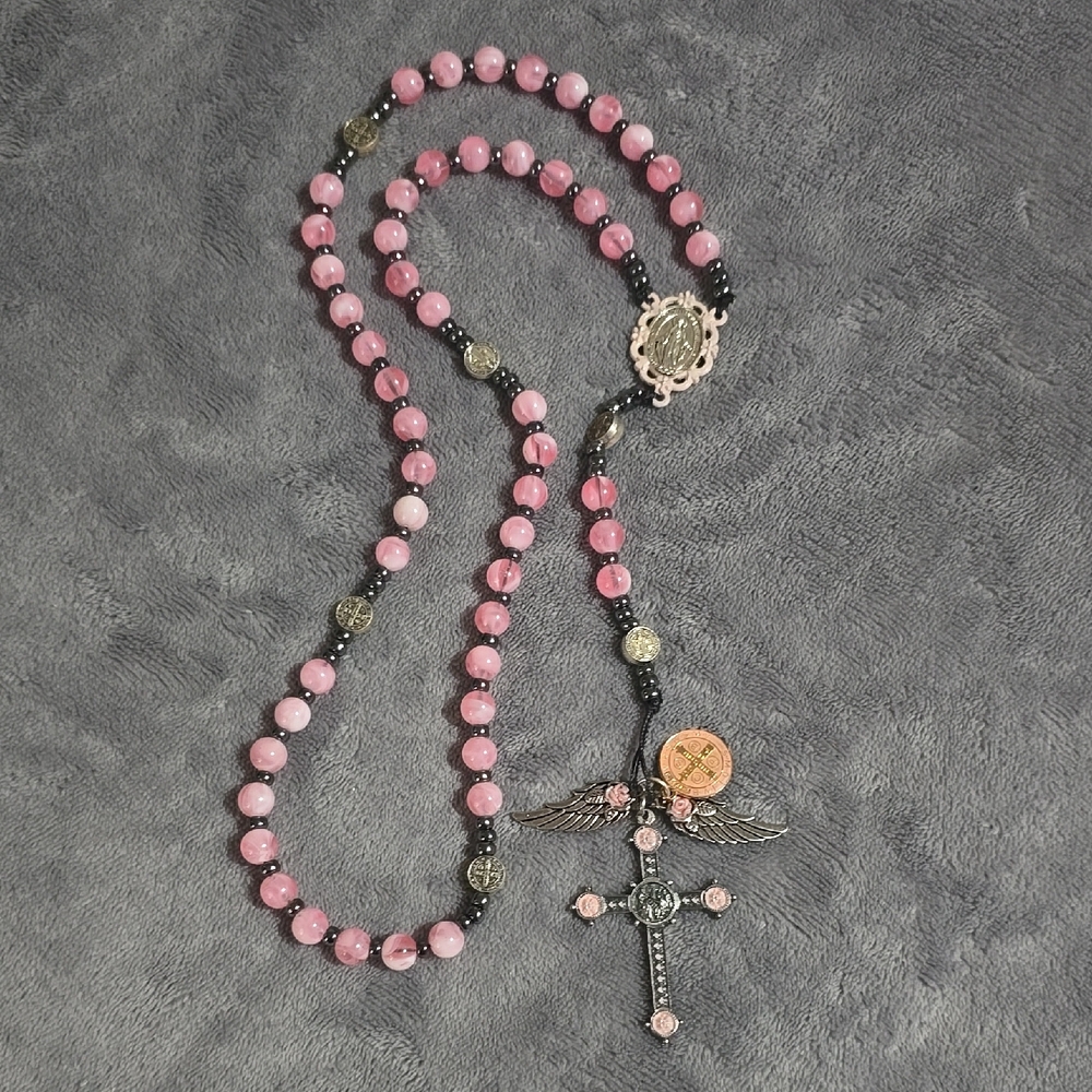 Pink Beaded Rosary Necklace